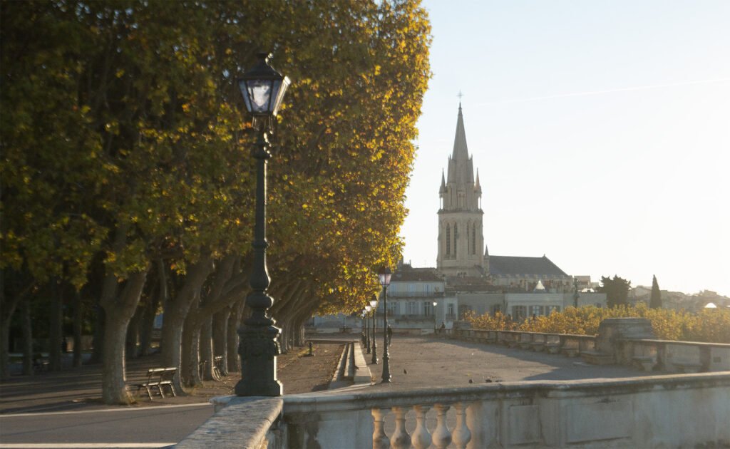 Montpellier, jardin du Peyrou au matin, vue sur la cathédrale Sainte Anne